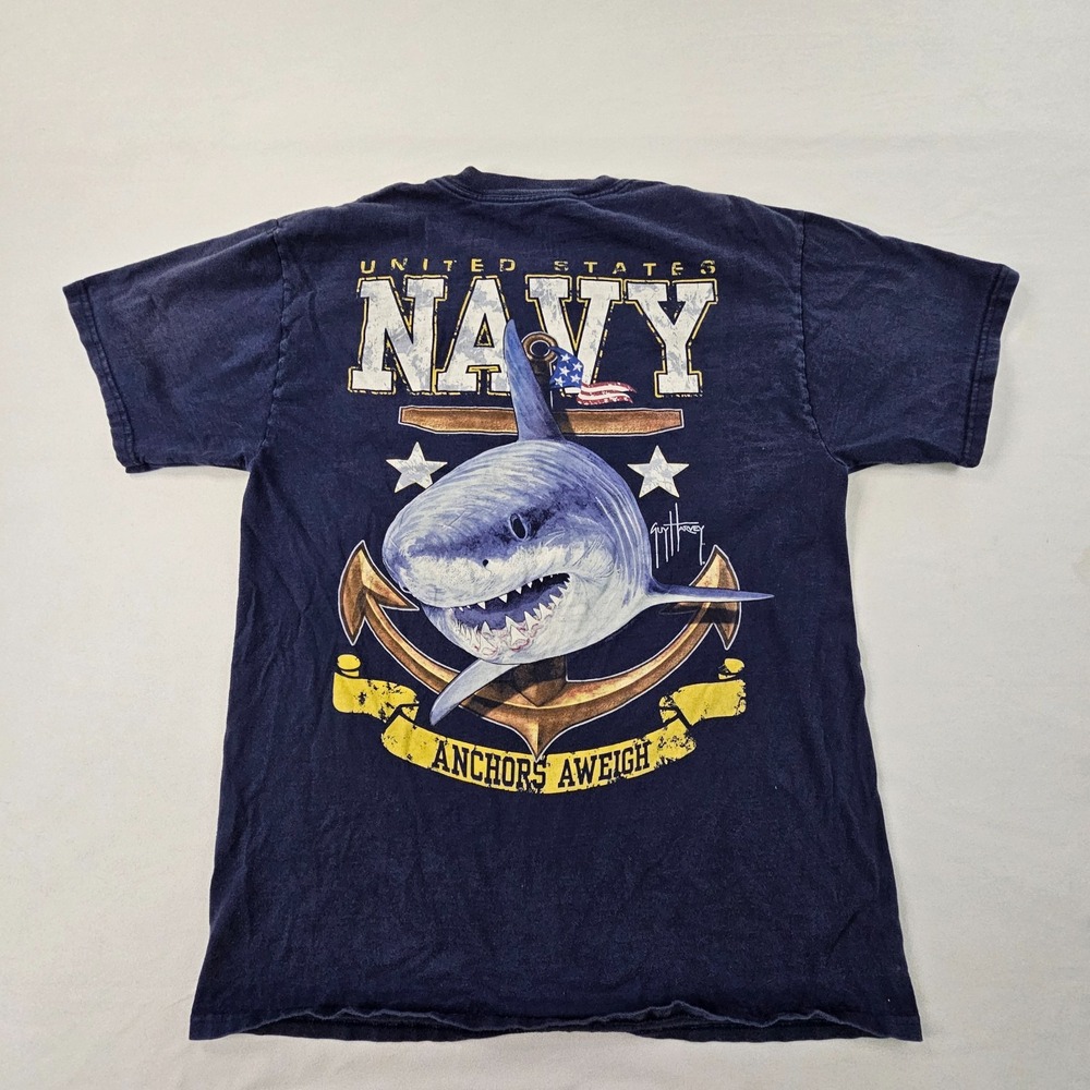 US Navy Anchors Aweigh Guy Harvey Blue Short Sleeve Cotton T-Shirt Men's M
